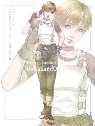 1girl artist_request brown_hair character_name choker closed_mouth copyright_name fingerless_gloves full_body gloves highres lips looking_at_viewer rebecca_chambers resident_evil resident_evil_0 short_hair smile solo