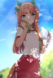 1girl animal_ears bottle cowboy_shot day green_eyes grin gym_shirt gym_shorts gym_uniform holding holding_bottle horse_ears horse_girl horse_tail koruri long_hair orange_hair outdoors red_shorts shirt short_sleeves shorts silence_suzuka_(umamusume) smile solo sweat tail umamusume water_bottle white_shirt