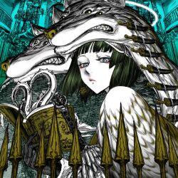 1girl absurdres aqua_background black_gloves book commentary dagger earrings extra_eyes eyeliner gloves green_hair grey_eyes grimoire hashtag-only_commentary highres jewelry knife kyushime limited_palette looking_at_viewer makeup original red_eyeliner tentacles weapon wolf