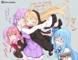 4girls ^^^ aged_down ahoge antenna_hair babysitter bespectacled black_dress black_hoodie black_sailor_collar black_skirt blonde_hair blue_hair blue_ribbon blue_thighhighs blush book chestnut_mouth closed_eyes clothes_grab collared_dress commentary cowboy_shot dress empire_waist floating_hair flower_knot glasses glomp grey_background hair_ribbon headphones holding holding_book holding_hands hood hood_down hoodie hug hug_from_behind kotonoha_akane kotonoha_aoi long_hair long_sleeves looking_at_another low-tied_sidelocks midair multiple_girls open_book open_mouth pink_eyes pleated_skirt purple_dress purple_eyes purple_hair red_hoodie red_ribbon ribbed_dress ribbon sailor_collar semi-rimless_eyewear shirt short_dress short_hair_with_long_locks sidelocks simple_background skirt sleeve_grab thighhighs toromera translation_request tsurumaki_maki twitter_username two-tone_hoodie v-shaped_eyebrows very_long_hair vocaloid voiceroid white_dress white_shirt yuzuki_yukari zettai_ryouiki