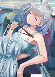 1girl absurdres animal_ear_fluff animal_ears armpits bare_arms bare_shoulders blue_archive blue_dress blue_tank_top blush closed_mouth clothes_hanger cross_hair_ornament denim denim_shorts dress grey_hair hair_ornament highres holding holding_clothes_hanger holding_unworn_clothes kc_ncp long_hair looking_at_viewer shiroko_(blue_archive) shorts sidelocks smile solo tank_top wolf_ears wolf_girl