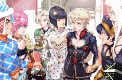 aqua_eyes arm_around_waist black_eyes black_hair blonde_hair bob_cut bottle bra braid breasts bruno_bucciarati cake chest_cutout choker cleavage cleavage_cutout clothing_cutout earrings food giorno_giovanna green_eyes guido_mista hair_ornament hairband hairclip hand_grab jewelry jojo_no_kimyou_na_bouken leone_abbacchio lipstick makeup medium_breasts narancia_ghirga orange_eyes pannacotta_fugo pink_hair purple_eyes purple_lips salad short_hair single_braid smile stud_earrings trish_una turtleneck underwear vento_aureo victory_rolls white_hair wine_bottle wristband zakki
