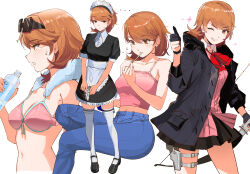 ... 1girl absurdres apron archery_shooting_glove armpit_crease bare_shoulders belt_buckle bikini bikini_top_only black_dress black_footwear black_gloves black_jacket black_skirt bottle bow bow_(weapon) bowtie breasts brown_eyes brown_hair buckle camisole cardigan choker closed_mouth collarbone collared_shirt commentary cowboy_shot denim dress earrings evoker multiple_expressions eyewear_on_head feet_out_of_frame food food_in_mouth from_side front-tie_bikini_top front-tie_top full_body game_screenshot_inset gekkoukan_high_school_uniform gloves grin gun hand_up highres holding holding_bottle holding_bow_(weapon) holding_food holding_gun holding_pocky holding_weapon holster invisible_chair jacket jeans jewelry light_blush looking_at_viewer loose_bowtie maid maid_apron maid_headdress medium_breasts midriff midriff_peek miniskirt multiple_views navel official_alternate_costume one_eye_closed open_clothes open_jacket ormille pants parted_lips partially_fingerless_gloves persona persona_3 persona_3_reload pink_bikini pink_camisole pink_cardigan pleated_skirt pocky pocky_in_mouth profile puffy_short_sleeves puffy_sleeves red_bow red_bowtie school_uniform shirt shoes short_hair short_sleeves sitting skirt smile spaghetti_strap sparkle stomach stud_earrings sunglasses sweat sweater swimsuit takeba_yukari tank_top thigh_holster thigh_strap thighhighs thumbs_up towel towel_around_neck upper_body water_bottle weapon white_background white_choker white_shirt white_thighhighs zettai_ryouiki