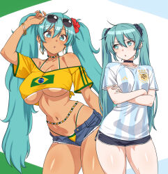 2girls aqua_eyes aqua_hair argentinian_miku black_shorts blue_shorts brazilian_miku breasts cowboy_shot dark-skinned_female dark_skin denim denim_shorts dual_persona hatsune_miku highres large_breasts long_hair medium_breasts multiple_girls shorts sunglasses twintails underboob very_long_hair vocaloid zatsu