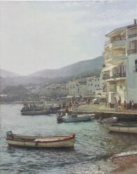 6+others absurdres beach boat building highres motor_vehicle mountain mountainous_horizon multiple_others naohiro_ito oil_painting_(medium) original painting_(medium) photorealistic realistic scenery shore town traditional_media water watercraft