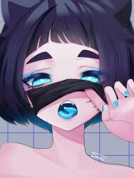 1girl animal_ears blue_eyes blue_tongue colored_tongue forked_tongue heart looking_at_viewer mask nude short_hair susu_awoo tongue