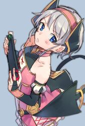 1girl bare_shoulders blue_background blue_eyes blush_stickers demon_tail dress elbow_gloves flat_chest gloves grey_hair hairband handheld_game_console highres holding holding_handheld_game_console horns juliet_sleeves long_sleeves looking_at_viewer nintendo_switch open_mouth pink_dress princess_connect! puffy_sleeves shirt sho_bu_1116 short_hair simple_background sketch sleeveless sleeveless_shirt solo tail tail_ornament upper_body wings yori_(princess_connect!)