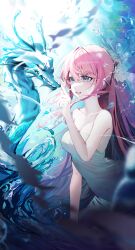 1girl absurdres bare_shoulders blue_eyes blurry blurry_foreground breasts collarbone commentary day dress fingernails fish grin hair_intakes highres large_breasts long_hair looking_at_another original pink_hair pink_lips seahorse shell_hair_ornament smile totomong underwater water white_dress