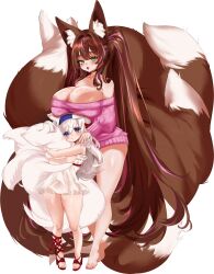 2girls absurdres animal_ear_fluff animal_ears barefoot blue_eyes breasts brown_hair dress fox_ears fox_girl fox_tail green_eyes height_difference highres huge_breasts kitsune kyuubi long_hair multicolored_hair multiple_girls multiple_tails naked_sweater nyukururu off_shoulder open_mouth original pink_hair plushmallow plushmallow_(lyn) streaked_hair sweater tail twintails white_dress white_hair