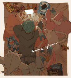 1girl black_hoodie blue_hair candy cc8nw42u15apug0 cetoddle character_doll character_name food gen_2_pokemon gen_4_pokemon gen_6_pokemon hood hoodie leg_up long_sleeves maschiff multicolored_hair nintendo oreo palafin palafin_(hero) pantyhose pawmi penny_(pokemon) pink_fur pokemon pokemon_(creature) pokemon_sv quaxly red_hair rotom rotom_phone scizor see-through_clothes short_hair skirt sylveon two-tone_fur white_fur