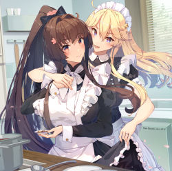 2girls alternate_costume apron arm_around_shoulder artist_name text_background black_dress blonde_hair blue_eyes blush breasts brown_eyes brown_hair casserole cherry_blossoms closed_mouth clothes_pull cooking dated dress dress_pull enmaided flower food frilled_apron frilled_dress frills from_behind hair_between_eyes hair_flower hair_ornament hair_over_shoulder hair_ribbon head_tilt headgear highres himeyamato holding holding_tray indoors iowa_(kancolle) jewelry kantai_collection kitchen ladle large_breasts light_brown_hair long_hair long_sleeves looking_at_another maid maid_apron maid_headdress multiple_girls open_mouth plate pointy_hair ponytail puffy_short_sleeves puffy_sleeves ribbon ring short_sleeves sidelocks sink smile soup soup_ladle spatula star-shaped_pupils star_(symbol) stove symbol-shaped_pupils tasting tray waist_apron white_apron window wrist_cuffs yamato_(kancolle)