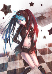 Rule 34 | 10s, belt, bikini, bikini top only, black hair, black rock shooter, black rock shooter (character), blue eyes, boots, cape, crazyodin, highres, long hair, midriff, navel, shorts, solo, swimsuit, twintails, vocaloid