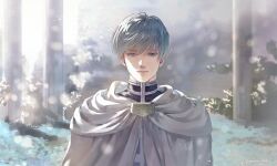 Rule 34 | 1boy, artist name, blue eyes, blue hair, blurry, blurry background, bokeh, bowl cut, cloak, closed mouth, day, depth of field, ganada, highres, himmel (sousou no frieren), hood, hood down, hooded cloak, light smile, looking at viewer, male focus, mole, mole under eye, nose, outdoors, short hair, sidelighting, solo, sousou no frieren, straight-on, sunlight, turtleneck, twitter username, upper body, very short hair, white cloak