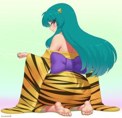 Rule 34 | 1girl, animal print, artist name, ass, back, bare back, bare shoulders, blue eyes, blush, clenched hand, feet, female focus, gradient background, green hair, green nails, half-closed eyes, horns, japanese clothes, kimono, kuroonehalf, long hair, long sleeves, looking at viewer, looking back, lum, nail polish, obi, purple ribbon, ribbon, sash, seductive smile, seiza, sitting, smile, soles, solo, tiger print, tiger stripes, toes, urusei yatsura