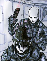 1boy 1other absurdres blame! blood brain character_request choso_giving_toudou_a_haircut_(meme) exposed_brain gun highres holding holding_weapon implied_death killy meme mutilation nihei_tsutomu_(parody) parody robot safeguard_(blame!) scene_reference short_hair siksa3154 weapon