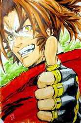 Rule 34 | 1boy, birthday, black gloves, blazblue, blazblue: calamity trigger, blazblue: central fiction, blazblue: chronophantasma, blazblue: continuum shift, brown hair, close-up, cross scar, eyebrows, facial hair, fingerless gloves, forked eyebrows, gloves, highres, imori rf, looking at viewer, male focus, ninja, open mouth, ponytail, red scarf, scar, scar on face, scarf, shishigami bang, sideburns, smile, solo, teeth, thumbs up, yellow eyes