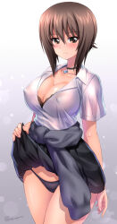 1girl black_bra blush bra bra_visible_through_clothes brown_eyes brown_hair clothes_around_waist clothes_lift cross cross_necklace girls_und_panzer highres jewelry kamogawa_tanuki kuromorimine_school_uniform looking_at_viewer necklace nishizumi_maho school_uniform see-through_clothes see-through_shirt shirt short_hair skirt skirt_lift solo underwear wringing_clothes