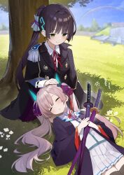 Rule 34 | 2girls, black hair, closed eyes, grass, green eyes, heaven burns red, highres, holding, holding sword, holding weapon, katana, long hair, multiple girls, natsume inori, ogasawara hisame, on grass, ponytail, rinki oohen, school uniform, sleeping, sleeping on person, sword, tree, twintails, under tree, weapon