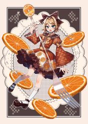Rule 34 | 1girl, :o, absurdres, alternate costume, blonde hair, blue eyes, border, bow, brown background, brown bow, brown footwear, danjou sora, dress, eyelashes, fang, food, food print, fork, frilled dress, frills, fruit, fruit print, full body, hair bow, hair ornament, hairclip, highres, holding, holding fork, kagamine rin, legwear garter, looking at viewer, open mouth, orange (fruit), orange dress, orange nails, orange print, orange slice, short hair, socks, solo, vocaloid, white border, white socks, yellow bow
