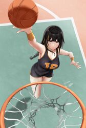 aditdauw ball basket basketball basketball_(object) basketball_uniform black_hair black_tank_top blunt_bangs braid breasts closed_mouth commission girls&#039;_frontline highres holding holding_basket large_breasts long_hair m16a1_(girls&#039;_frontline) mole mole_under_eye multicolored_eyes no_eyepatch scar scar_across_eye scar_on_face sleeveless sportswear tank_top