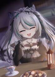 animal_ears bad_tag black_sky braided_sidelocks cake cheek_rest copyright_request cross-laced_clothes cross-laced_sleeves dessert food frilled_straps fuzzy_clothes grey_nails grey_tail highres hinamori_anthea holding holding_saucer indie leopard_ears leopard_tail maid nata_(tool) non-web_source red_pupils saucer sky snow_leopard_tail strawberry_shortcake tail teapot virtual wallpaper_(object)