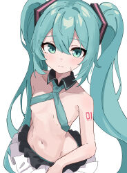1girl absurdres adapted_costume aqua_eyes aqua_hair bare_shoulders blush breasts closed_mouth collar collarbone commentary frilled_skirt frills hair_between_eyes hair_ornament hand_on_own_hip hatsune_miku highres long_hair looking_at_viewer maud0239 revealing_clothes simple_background skirt small_breasts solo sweatdrop twintails upper_body very_long_hair vocaloid white_background