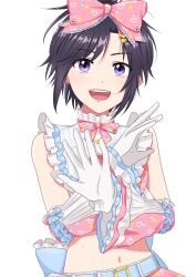 absurdres antenna_hair belt black_hair collar detached_sleeves dress frilled_dress frilled_sleeves frills gloves highres idolmaster idolmaster_(classic) idolmaster_starlit_season kikuchi_makoto navel okuyama_2 open_mouth parted_bangs pink_shirt purple_eyes shirt simple_background sleeveless sleeveless_shirt smile waist_ribbon white_background white_collar white_gloves