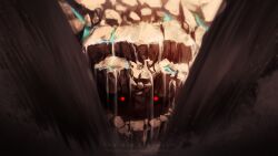 Rule 34 | absurdres, copyright name, english text, face in shadow, glowing, glowing eyes, highres, monster, monster hunter: world, monster hunter (series), monster hunter world: iceborne, no humans, open mouth, red eyes, rock, sand, shara ishvalda, solid eyes, teeth, upper teeth only, zaekyn