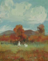 Rule 34 | 1girl, 1other, autumn, dark-skinned female, dark skin, dkaism, dress, highres, meadow, mountainous horizon, muted color, original, painterly, reaching, reaching towards another, scenery, sheep, short hair, tree, white dress, white hair