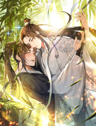 Rule 34 | 2boys, bamboo, bamboo forest, bamboo leaf, bishounen, black hair, black hanfu, blush, brown eyes, brown hair, chinese clothes, closed mouth, couple, day, embers, flying ribbons, forest, hand up, hanfu, high ponytail, highres, holding, holding ribbon, hug, jujeop, korean commentary, lan wangji, leaf, light particles, light rays, long hair, long sleeves, looking at another, looking at viewer, male focus, modao zushi, multiple boys, nature, open mouth, outdoors, parted bangs, ponytail, ribbon, robe, sash, sidelocks, sleeves past wrists, smile, sparkle, standing, sunlight, tassel, topknot, upper body, very long hair, wei wuxian, white hanfu, white ribbon, wide sleeves, xiao guan (headdress), yaoi, yaopei, yellow eyes