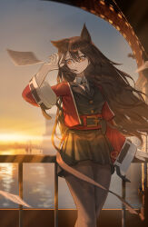 1girl against_railing animal_ears arknights backlighting belt belt_buckle belt_pouch black_belt black_necktie black_skirt black_vest brown_hair brown_pantyhose buckle cat_ears cat_girl collared_shirt feet_out_of_frame floating_hair flying_paper hair_between_eyes hand_on_railing hand_up highres jacket lapels long_hair long_sleeves looking_afar looking_to_the_side miniskirt necktie notched_lapels outdoors pantyhose paper parted_lips pleated_skirt pouch railing red_jacket shale shirt skirt skyfire_(arknights) solo standing sun sunrise thighs vest white_shirt wide_sleeves wind wing_collar yellow_brooch yellow_eyes