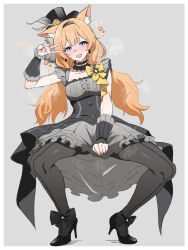 1girl animal_ear_fluff animal_ears aqua_eyes black_hairband black_hat black_shoes blonde_hair blue_archive cat_ears cat_girl collarbone commentary dress flower frilled_dress frills grey_background grey_dress grey_pantyhose hairband hat hat_flower high_heels mari_(blue_archive) mari_(idol)_(blue_archive) mitsuame_miiro no_halo pantyhose shoes simple_background translated twintails v