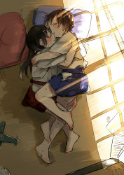 10s 2girls aged_down akagi_(kancolle) bare_shoulders barefoot black_hair blue_skirt blush brown_hair closed_eyes facing_another full_body hakama hakama_short_skirt hakama_skirt hug japanese_clothes kaga_(kancolle) kantai_collection long_hair lying multiple_girls on_floor on_side paper pillow red_skirt short_hair short_sleeves shuu-0208 skirt sleeping sunlight sweat toy_airplane window_shadow yuri