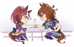 2girls agnes_tachyon_(umamusume) ahoge animal_ears blue_eyes brown_hair fist_bump holding holding_microphone horse_ears horse_girl horse_tail long_hair microphone multicolored_hair multiple_girls open_mouth ponytail puffy_short_sleeves puffy_sleeves railing short_sleeves streaked_hair tail tokai_teio_(umamusume) tomato_mameta umamusume