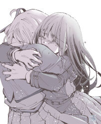 2girls absurdres arm_strap belt belt_buckle blush buckle closed_eyes commentary_request covered_mouth cowboy_shot crying dress greyscale highres hug inoue_takina long_hair long_sleeves lycoris_recoil lycoris_uniform monochrome multiple_girls mutual_hug nishikigi_chisato nose_blush pleated_dress raised_inner_eyebrows short_hair simple_background standing white_background yuri yutakanohanasi