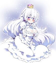 1girl blush breasts cleavage cleavage_cutout closed_mouth clothing_cutout commentary_request crown dress earrings frown gloves grey_hair hair_between_eyes jewelry large_breasts long_hair looking_at_viewer luigi&#039;s_mansion mario_(series) mini_crown new_super_mario_bros._u_deluxe nintendo princess_king_boo purple_eyes short_sleeves solo tanasuke very_long_hair white_dress white_gloves