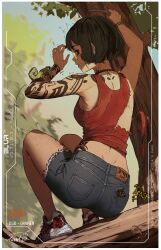1girl absurdres ass backboob black_hair branch breasts denim denim_shorts dimples_of_venus from_side highres holding holding_branch lizard original red_eyes red_footwear round_eyewear short_hair shorts spindle_(aidenr0) tank_top tattoo torn_clothes tree