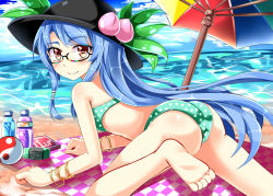 1girl 1up aqua_bikini ass ball barefoot bespectacled bikini blue_hair bottle e.o. female_focus food fruit glasses hat hinanawi_tenshi long_hair looking_at_viewer looking_back peach polka_dot polka_dot_bikini red_eyes semi-rimless_eyewear solo swimsuit touhou trefoil umbrella under-rim_eyewear very_long_hair yin_yang