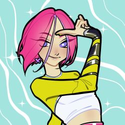 1girl aqua_background belt blunt_ends bob_cut bright_pupils butterfly_earrings closed_mouth commentary crop_top earrings eyes_visible_through_hair green_nails green_shirt highres jewelry light_blush lips long_sleeves multicolored_hair nail_polish pink_belt pink_hair purple_eyes purple_hair shirt short_hair single_earring skirt smile solo sparkle streaked_hair tecna_(winx_club) two-tone_shirt upper_body white_pupils white_shirt white_skirt wikate winx_club