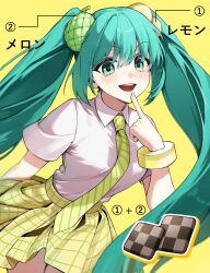 Rule 34 | 1girl, :d, blush, checkerboard cookie, cookie, diagonal-striped clothes, diagonal-striped necktie, dress shirt, est 0 1, floating clothes, floating hair, food, food-themed hair ornament, green eyes, green hair, green stripes, hair ornament, hand up, hatsune miku, highres, index finger raised, lemon hair ornament, lemon melon cookie (vocaloid), long hair, looking at viewer, melon hair ornament, miniskirt, necktie, numbered, open mouth, plaid clothes, plaid skirt, pleated skirt, plus sign, shirt, short sleeves, sidelocks, simple background, skirt, smile, solo, striped clothes, translation request, twintails, very long hair, vocaloid, white shirt, wrist cuffs, yellow background, yellow necktie, yellow skirt, yellow wrist cuffs