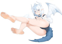1girl barefoot blush dragon_girl dragon_horns dragon_tail dragon_wings feet horns kagemoe1003 looking_at_viewer medium_hair panties pointy_ears soles tail toes underwear white_eyes white_hair wings