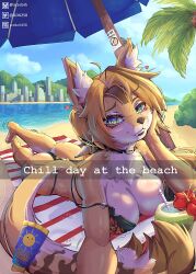 1girl absurdres acedark258 animal_ear_fluff animal_ears artist_name ass barefoot beach beach_towel beach_umbrella bikini black_bikini black_collar bluesky_logo bluesky_username blush breasts cat_ears cat_girl cat_tail cityscape cleavage collar day drink drinking_straw english_text flower furry furry_female green_eyes hand_on_own_cheek hand_on_own_face head_rest heart highres large_breasts looking_at_viewer lotion lying newgrounds_logo newgrounds_username on_stomach outdoors pulchra_fellini red_flower selfie smile solo sunscreen swimsuit tail towel tree twitter_logo twitter_username umbrella water yellow_fur zenless_zone_zero