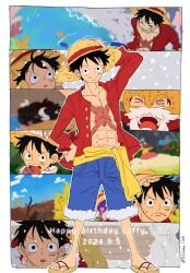 Rule 34 | &gt; &lt;, 1boy, candy, commentary request, earmuffs, fake beard, fake facial hair, food, hand on own hip, hat, helmet, highres, horns, komachiyo, kurozumi tama, looking at viewer, male focus, monkey d. luffy, multiple views, one piece, open clothes, open mouth, open shirt, red shirt, sandals, sash, scar, scar on chest, scar on face, shirt, snowing, straw hat, telushake opnk, twitter username, ucy (one piece), yellow sash