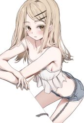 1girl absurdres belt blonde_hair blue_shorts blush camisole colored_eyelashes commentary cutoff_jeans cutoffs denim denim_shorts gakuen_idolmaster hair_ornament hairclip highres idolmaster leaning_forward long_hair looking_at_viewer looking_back nail_polish parted_lips scarlet_(wv0102) shinosawa_hiro short_shorts shorts simple_background solo strap_slip symbol-only_commentary white_background white_camisole yellow_eyes