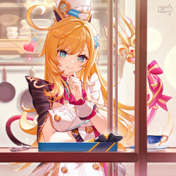 1girl absurdres chef chef_hat closed_mouth dress escoffier_(genshin_impact) genshin_impact hat heart heart_in_eye highres long_hair official_art orange_hair smile solo symbol_in_eye tail upper_body white_dress white_hat white_wrist_cuffs wrist_cuffs