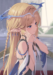 1girl absurdres bare_shoulders blonde_hair blue_eyes blurry blurry_background breasts cartethyia_(wuthering_waves) closed_mouth commentary crown_of_thorns earrings highres jewelry karadborg long_hair outdoors parted_bangs playing_with_own_hair pointy_ears sidelocks small_breasts smile solo tabard tacet_mark_(wuthering_waves) upper_body white_tabard wuthering_waves