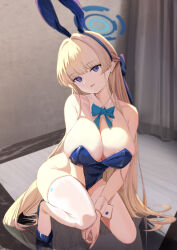 1girl absurdres animal_ears arms_between_legs bare_arms bare_shoulders blonde_hair blue_archive blue_bow blue_bowtie blue_eyes blue_hairband blue_halo blue_leotard blue_shoes bow bowtie braid breasts cleavage collar collarbone detached_collar earrings fake_animal_ears full_body hairband half_up_braid halo head_tilt high_heels highres jewelry jinling_ovo large_breasts leotard long_hair looking_at_viewer multicolored_hair on_one_knee open_mouth own_hands_together playboy_bunny rabbit_ears shoes skindentation smile solo straight_hair strapless strapless_leotard streaked_hair thighhighs toki_(blue_archive) toki_(bunny)_(blue_archive) very_long_hair white_collar white_thighhighs white_wrist_cuffs wrist_cuffs