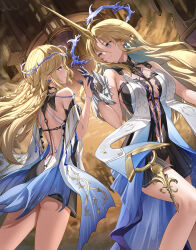 2girls absurdres ass back bare_shoulders black_collar black_dress blonde_hair blue_eyes breasts cartethyia_(wuthering_waves) closed_mouth collar commentary crown_of_thorns dress earrings english_commentary eye_contact fleurdelys_(wuthering_waves) highres horns jewelry large_breasts long_hair looking_at_another lunacle multiple_girls necklace pointy_ears single_horn smile tabard tacet_mark_(wuthering_waves) thighs very_long_hair white_tabard wuthering_waves yellow_horns