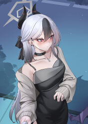 1girl absurdres bare_shoulders black_choker black_dress blue_archive blush breasts choker collarbone covered_navel demon_horns dress earrings hair_between_eyes hair_ribbon highres horns jewelry kaijiba kayoko_(blue_archive) kayoko_(dress)_(blue_archive) long_hair multicolored_hair nail_polish night night_sky off_shoulder problem_solver_68_(blue_archive) red_eyes ribbon ring sky small_breasts solo streaked_hair very_long_hair