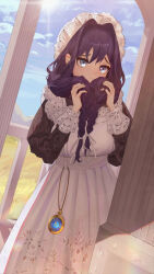 1girl absurdres apron black_dress black_hair blue_eyes blue_sky closed_mouth day dress grabbing_own_hair hair_intakes hair_ribbon hat highres holding holding_own_hair hololive hololive_english long_hair looking_at_viewer maid_apron mob_cap official_alternate_costume official_alternate_hairstyle ouro_kronii ouro_kronii_(maid) pocket_watch ribbon sky solo sun thienk virtual_youtuber watch white_apron white_ribbon